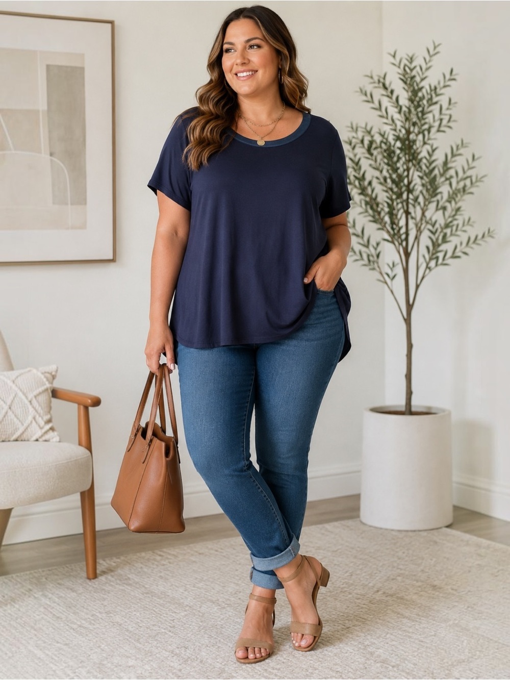 Premise Studio Woman 2X Navy Scoop Neck Satin Trim Tunic Top NWT